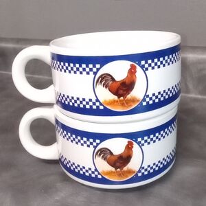Rooster Ceramic Soup Mugs - Set of 2 Vintage Houston Harvest - Cobalt Blue